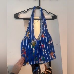 Fashion Brand Company Sports Blue Soccer-Print Yoga Halter Tank Top XL NWT
